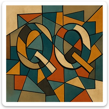 cubist abstraction icon featuring the text 'QQ', fragmented and colorful sticker