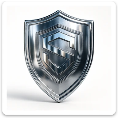 chrome style shield with a bold emblem, shiny, modern sticker