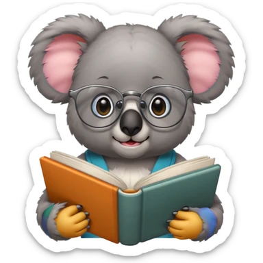 Koala with glasses holding a book sticker