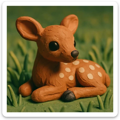 fawn with spots, lying in grass, soft lighting, cute and detailed fur, claymation style sticker