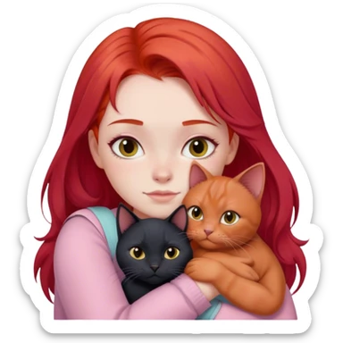 
a girl with red hair in pastel clothes hugs a black British cat sticker