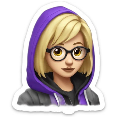 Girl blond artist with round glasses left side behind his laptop with this style: valorant riot Game purple character purple black hooded hacker themed character sticker