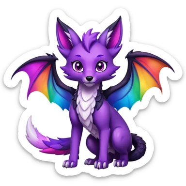 Black Cartoon Fox dragon hybrid purple eyes with wings face front full body dark rainbow colored sticker