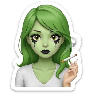 {
  "prompt": "3D cartoon-style green-skinned girl with long brown hair and a side-swept bang. Large brown eyes with black dripping makeup, white V-neck shirt, cigarette in her mouth, dark background. Same proportions and style as the original description.",
  "size": "1024x1024"
} sticker