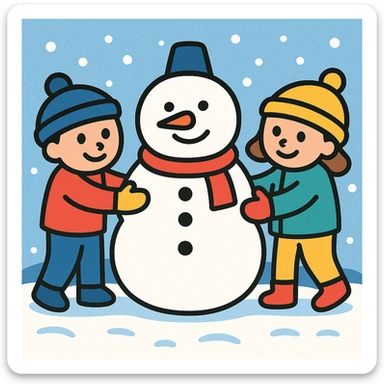 Add a snowy background behind the kids building a snowman, keep the original color outline icon style sticker