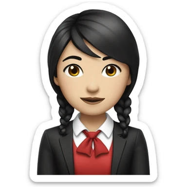 Asian girl with black hime cut hairstyle, wearing a red suit with a black cross tie.  sticker