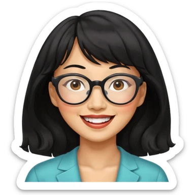 40 yr old asian woman wavy black hair bangs big glasses big smile tanned skin sticker