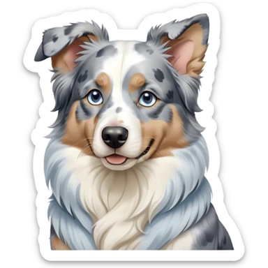 Cinematic Noble Blue Merle and White Australian Shepherd Portrait Emoji, Poised and regal, with a strong, agile build and a well-groomed blue merle coat accented by crisp white markings, piercing blue eyes, Simplified yet sharp and sophisticated features, highly detailed, glowing with a soft, dignified glow, high shine, intelligent and loyal, stylized with an air of strength, focused and attentive, soft glowing outline, capturing the essence of a watchful and confident herder, so majestic it feels as though it could step out of the screen with effortless authority! sticker