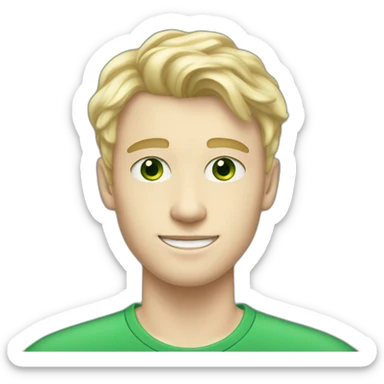 blonde twenty year old pale skin guy with side part brow-length wavy bangs but buzzed on sides and back and green eyes sticker