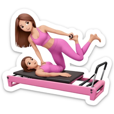 one girl doing a plank on a pilates reformer in a pink workout set with long brown hair sticker