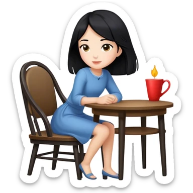 Side view of a girl sitting in a chair at a table with black hair  sticker
