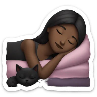 Brunette girl sleeping . The girl has a black long hair and dark skin with black cat  sticker