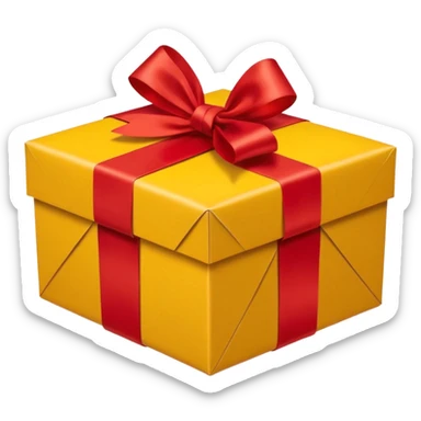 box with yellow wrapping paper and a length of red ribbon surrounding it on the ground so you can see most of the box's cardboard sticker