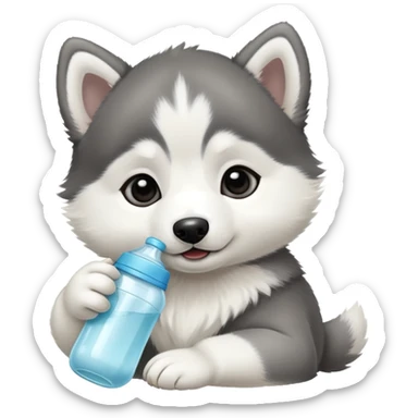 Black and white baby husky puppy drinking baby bottle sticker