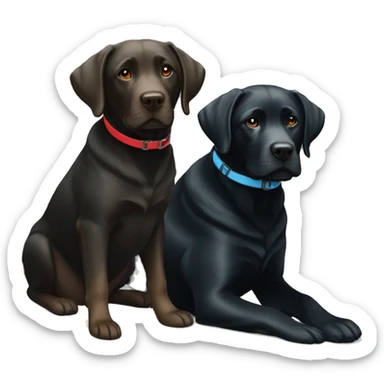 black-coloured labrador on the left with red collar, black-coloured labrador on the right with light blue collar. sticker