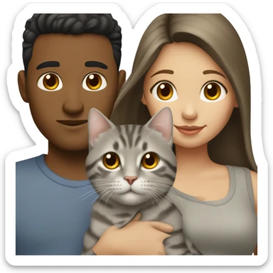 a brunette guy and a girl with light skin and a gray tabby cat between them sticker