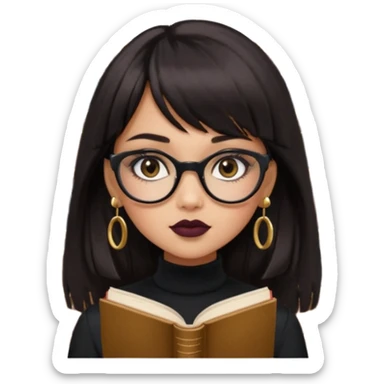 generate a pretty bratz girl with black small square spectacles, dark lipstick, gold stud earrings, black turtleneck , books in hand, dark brown straight long hair with bangs, eyeliner on,  sticker