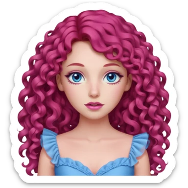 Chappell Roan long red curly hair, blue eyes, pink eyeshadow and lip, pink dress sticker