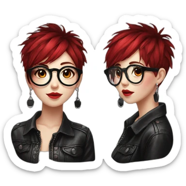 Punk female earrings glasses,red and black short hair, sticker