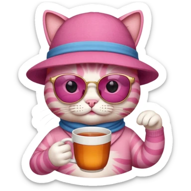 Pink cat with hat, holding cup of tea, wearing sunglasses sticker