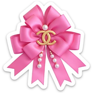 Change the double-layered satin ribbon bow to pink, keep pearls and gold Chanel logo, elegant, glossy, black and white, 3D emoji style, with no background sticker