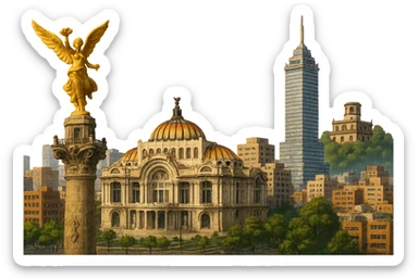 cinematic realistic emoji of Mexico City skyline featuring Angel of Independence, Palacio de Bellas Artes, Torre Latinoamericana, Chapultepec Castle, lifelike detail, accurate colors, bright daytime lighting, wide city view, no sky, no clouds, transparent background sticker