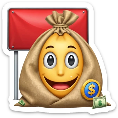a sack of money in front of a billboard advertisement sticker