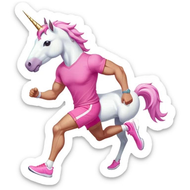 full body friendly anthropomorphised masculine unicorn with white horse-like face, muscular build, wearing pink t-shirt, shorts, trainers, dark sunglasses, running in a relaxed pose sticker