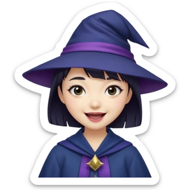 An Asian short-haired girl with short raven hair and bangs, with heterochromia eyed, eyeliner, and laughs with a tiny fang of mauve-toned lipstick, wears a dark navy wizard hat with an emblem on it. sticker