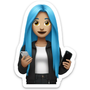 white skin girl with long blue hair in black clothes holding a phone sticker