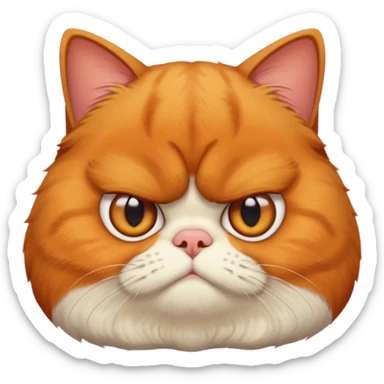 貓咪特徵強調
 
品種/臉型： 以**加菲貓（Garfield cat）或異國短毛貓（Exotic Shorthair）**為原型。
面部特徵： 強調扁臉（Flat face）、極度厭世的表情（Extremely grumpy/grumpy/displeased expression）、深深的皺眉（Deeply furrowed brow）、以及大眼睛（Large eyes）。
毛髮： 擁有雙層、蓬鬆的長毛（Double-coated, fluffy long fur）。 sticker