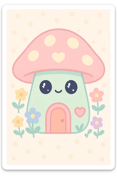 a cozy mushroom house with flowers, cottage core style, soft pastel colors, whimsical and charming sticker