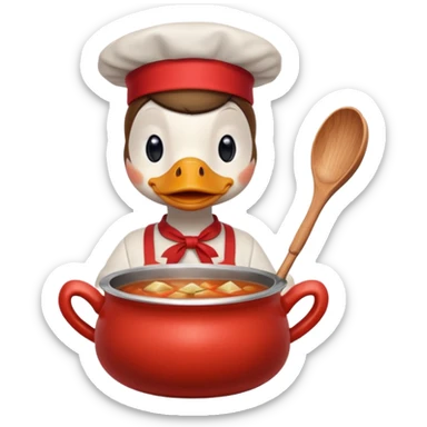 A duck wearing red apron stirring soup in a small pot, looking very focused. sticker