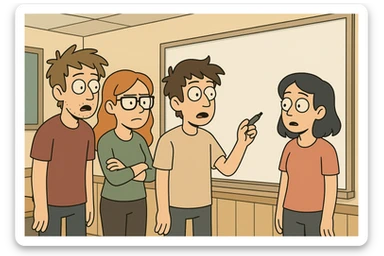 four young adults, mixed gender, focused on a whiteboard, classroom setting, flat design style sticker