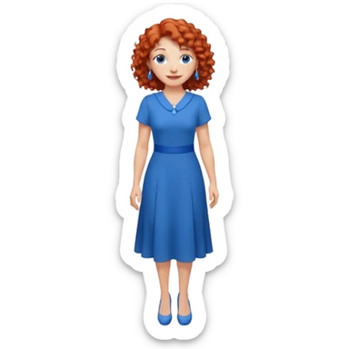 una profesora mayor simpática con el pelo rojo rizado, ojos azules, vestido azul y pendientes azules hablando sonriendo altura completa  sticker