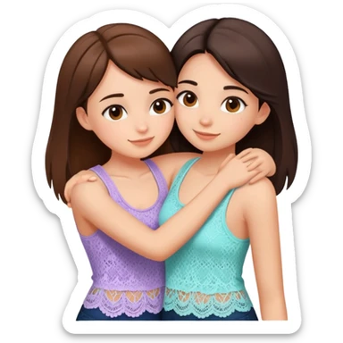 Two cute girl besties, one brunette, beautiful, hugging. They’re both wearing different Lacey tank tops sticker
