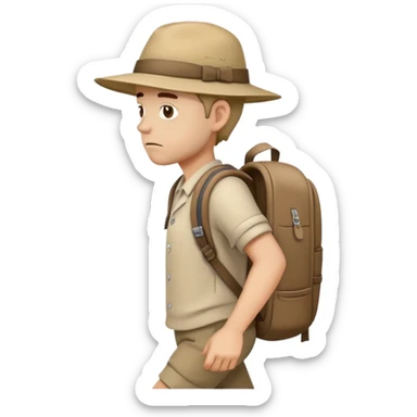 sad traveler man with beige skin tone wearing backpack and hat walking to the right, iOS style sticker