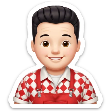 A cheerful, chubby boy with a retro 1950s diner aesthetic, wearing red-and-white checkered overalls and a white t-shirt. He has a playful, confident smile and a classic black pompadour hairstyle sticker