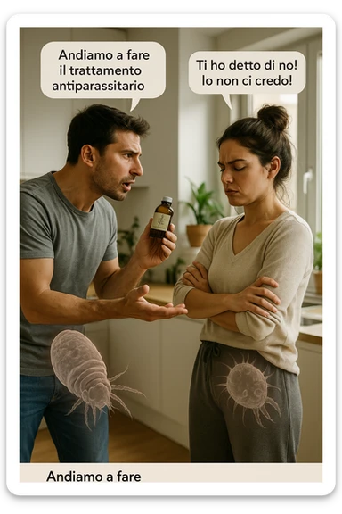 A highly realistic, cinematic photo of a young couple in their early 30s having an argument in a bright modern kitchen. The man, athletic build, wearing a casual T-shirt and jeans, is speaking firmly with a raised hand holding a small amber glass bottle labeled with a subtle herbal symbol, saying 'Andiamo a fare il trattamento antiparassitario' with a determined expression. The woman, with long dark hair tied in a messy bun, casual home outfit, crosses her arms with an angry, defensive expression, replying 'Ti ho detto di no! Io non ci credo!' while slightly turning away. Tension is visible in their body language, with the man leaning forward trying to explain and the woman leaning back, her eyebrows furrowed. Around them, subtle ghostly overlays of microscopic parasites are faintly visible near their abdominal areas, symbolizing the hidden reason for the argument. The kitchen is bright and modern with plants and natural light, contrasting the emotional tension. The style is hyperrealistic with warm tones and shallow depth of field focusing on their facial expressions, illustrating the conflict between belief in natural treatments and skepticism within the couple regarding hidden parasitic infections. in italiano sticker