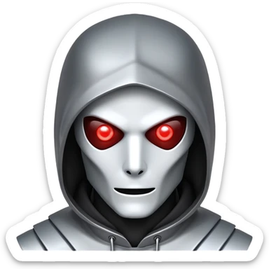 Evil robot hacker with glowing red eyes, dark hood, binary code, sinister expression sticker