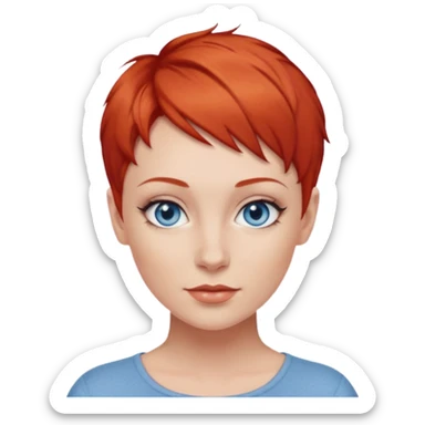 27 year old white woman, red hair, pixie cut, blue eyes sticker
