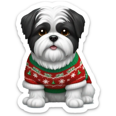 Black and white Shi tzu dog in Christmas sweater sticker