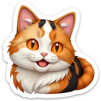 Cinematic Cute Yawning Calico Cat Portrait Emoji, Head tilted mid-yawn with a charming, relaxed expression, showcasing a soft patchwork fur of vibrant orange, black, and white, simplified yet irresistibly adorable, highly detailed, glowing with a cozy, gentle radiance, high shine, exuding sleepy yet endearing charm, styled with a soft glowing outline, capturing the essence of a calico cat caught in a delightful yawn that seems ready to cuddle up for a nap! sticker