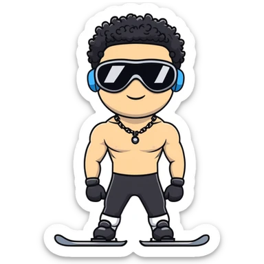 shirtless male athlete with white skin and moderately curly black hair on top with shaved sides, wearing black ski goggles with very dark heavily tinted black lenses that completely hide the eyes, and a simple plain black chain necklace, no earrings sticker