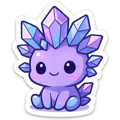 chibi kawaii crystal sprite creature in purple, blue, and pink colors, sitting pose, cute and adorable sticker