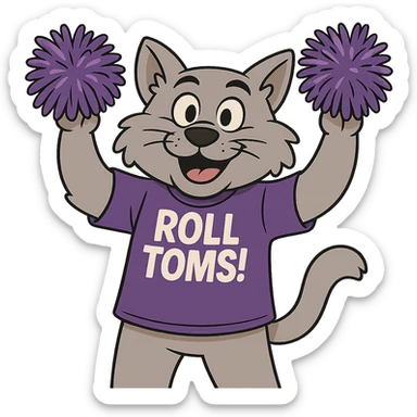 Make Tommie the Tomcat look more cartoonish, cheering with pom-poms, keeping the purple t-shirt with 'Roll Toms!' text, no background. sticker