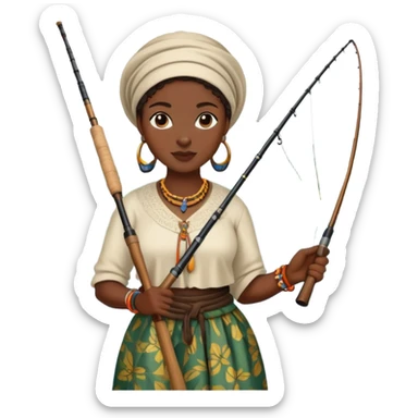 African woman fishing in the river, traditional clothing, holding fishing rod sticker