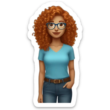 pretty girl with curly copper hair and blue glasses holding a big banner sticker