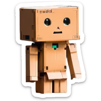 Danbo, a toy-like cardboard robot, in a softly lit, warm room with wooden floor, clean lines, pastel colors, nostalgic cartoon style sticker