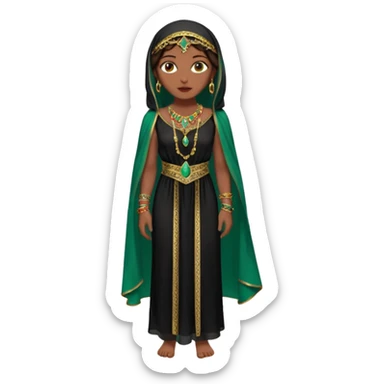 Mujer joven, morena, de gran belleza y porte misterioso.
 mirada intensa, labios marcados.
 Negro, largo, suele ir cubierto parcialmente por un velo
 Ropa de inspiración árabe: túnica colorida (rojo, dorado, verde esmeralda), con detalles dorados, brazaletes y pendientes. que se ve cuerpo entero sticker